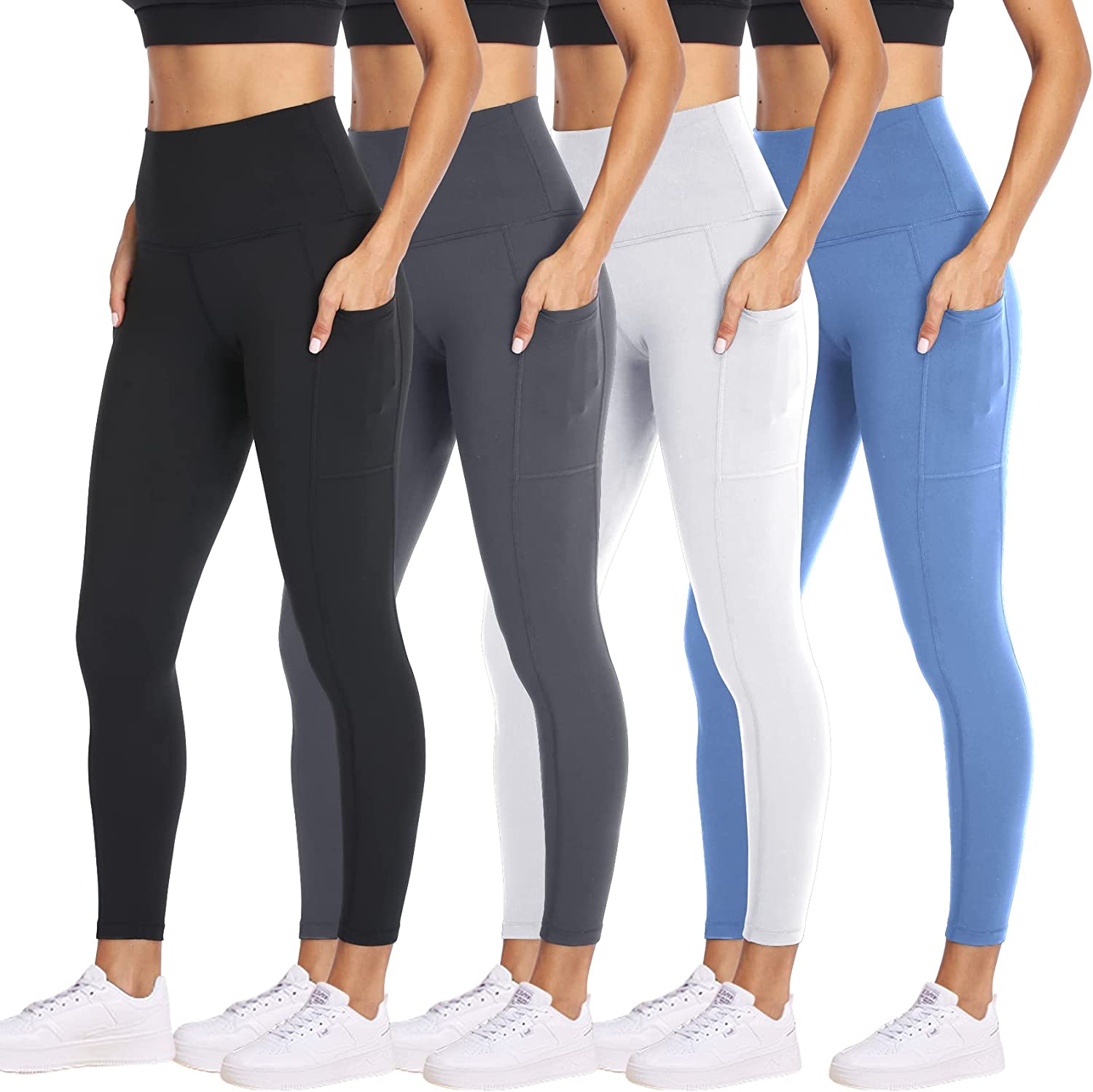 NexiEpoch 4 Pack Leggings for Women with Pockets- High Waisted Tummy Control  for