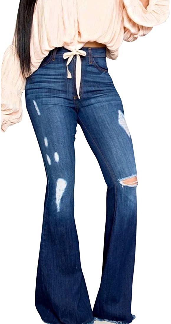SheKiss Womens Bell Bottom Denim Wrinkle Jeans High Waist Stretchy Flare Juniors Knee Ripped Pants 
