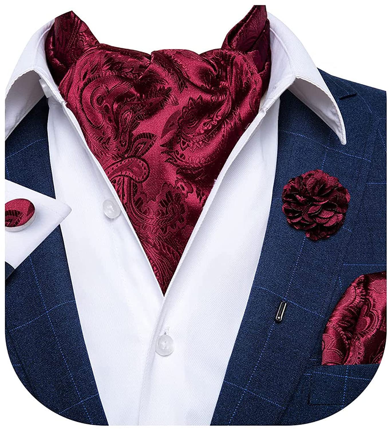 Mens Premium 100% Silk Ascot Cravat Pocket Square Hanky Wedding Set 