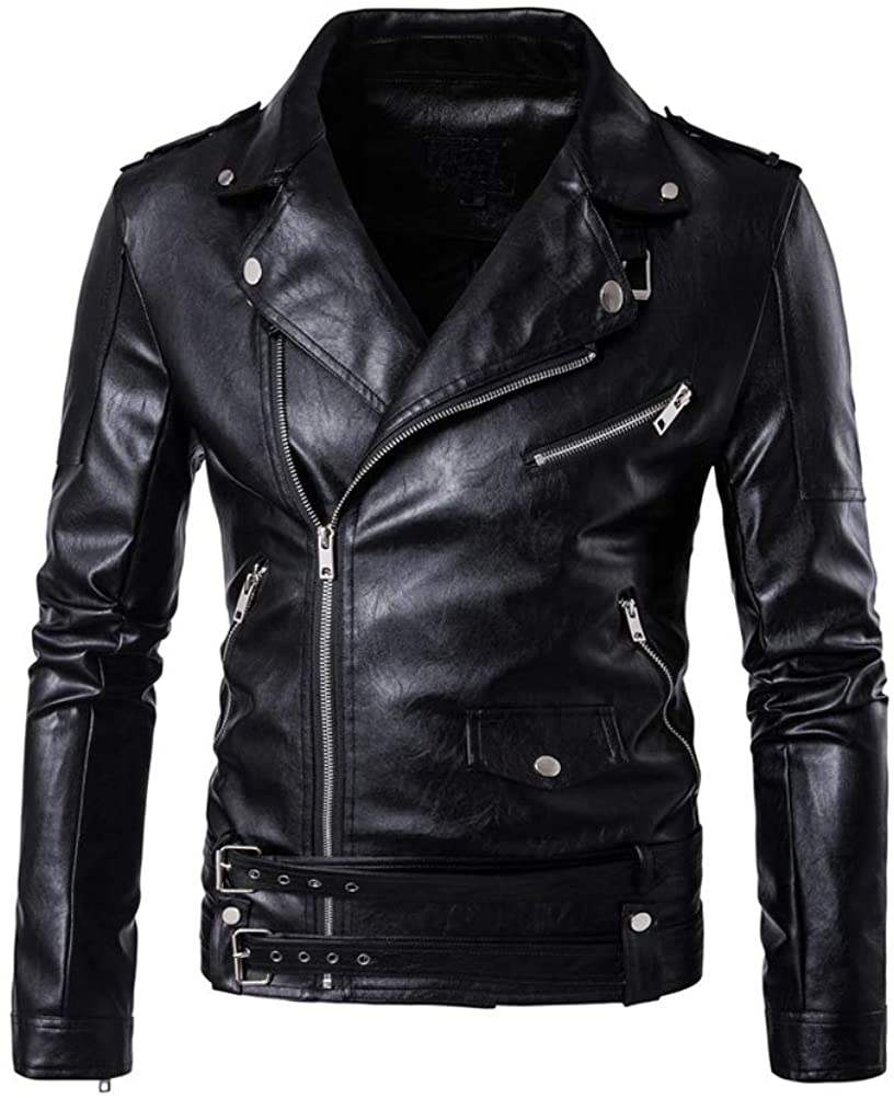 Lavnis Men's PU Leather Jacket Causal Belted Faux Leather Motorcycle ...