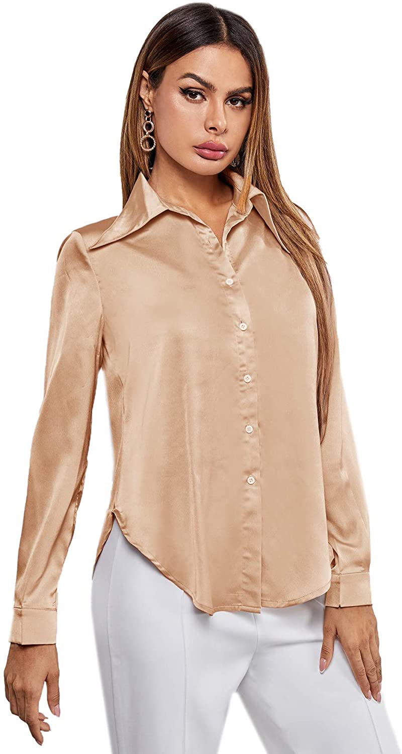 SOLY HUX Women's Satin Silk Long Sleeve Button Down Shirt Formal 