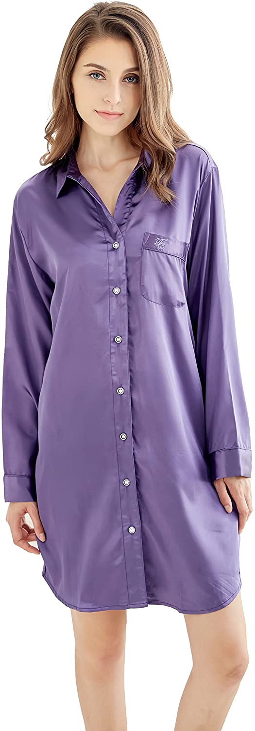 TONY AND CANDICE Women’s Sleep Shirt Satin Pajama Top Long Sleeve Nightshirt