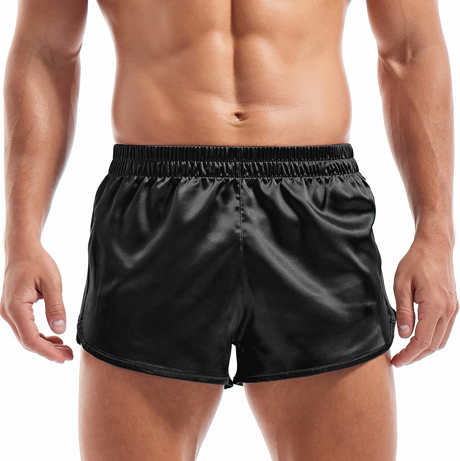AMY COULEE Mens Satin Shorts Silk Boxers Sexy Split Side Lounge Shorts 3  Inch Pa