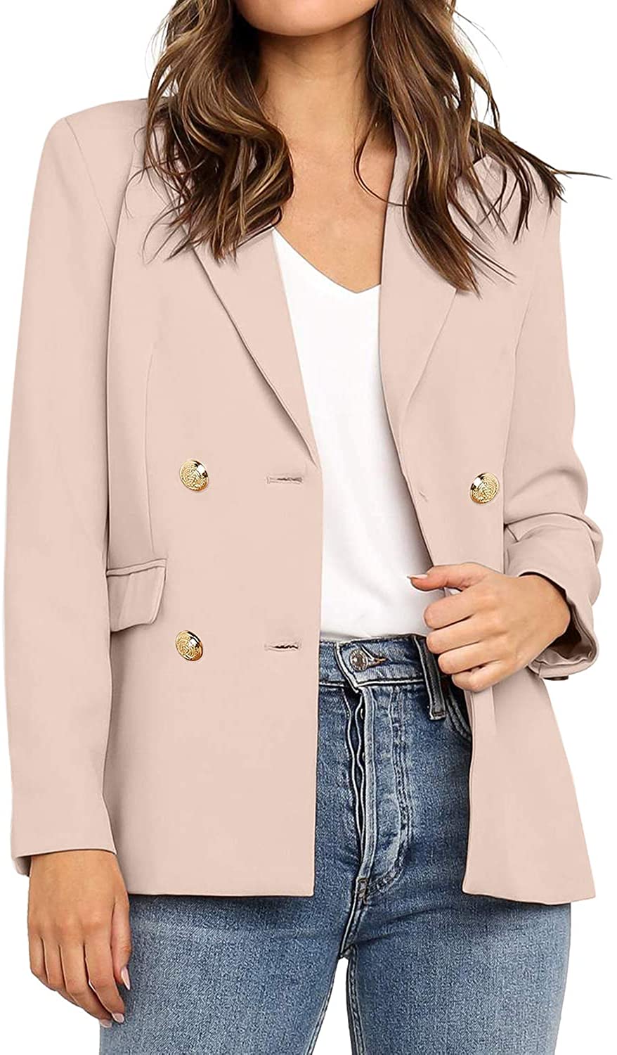 Utyful Women’s Casual Notched Lapel Double Breasted Button Pocket Work Office Blazer Jacket