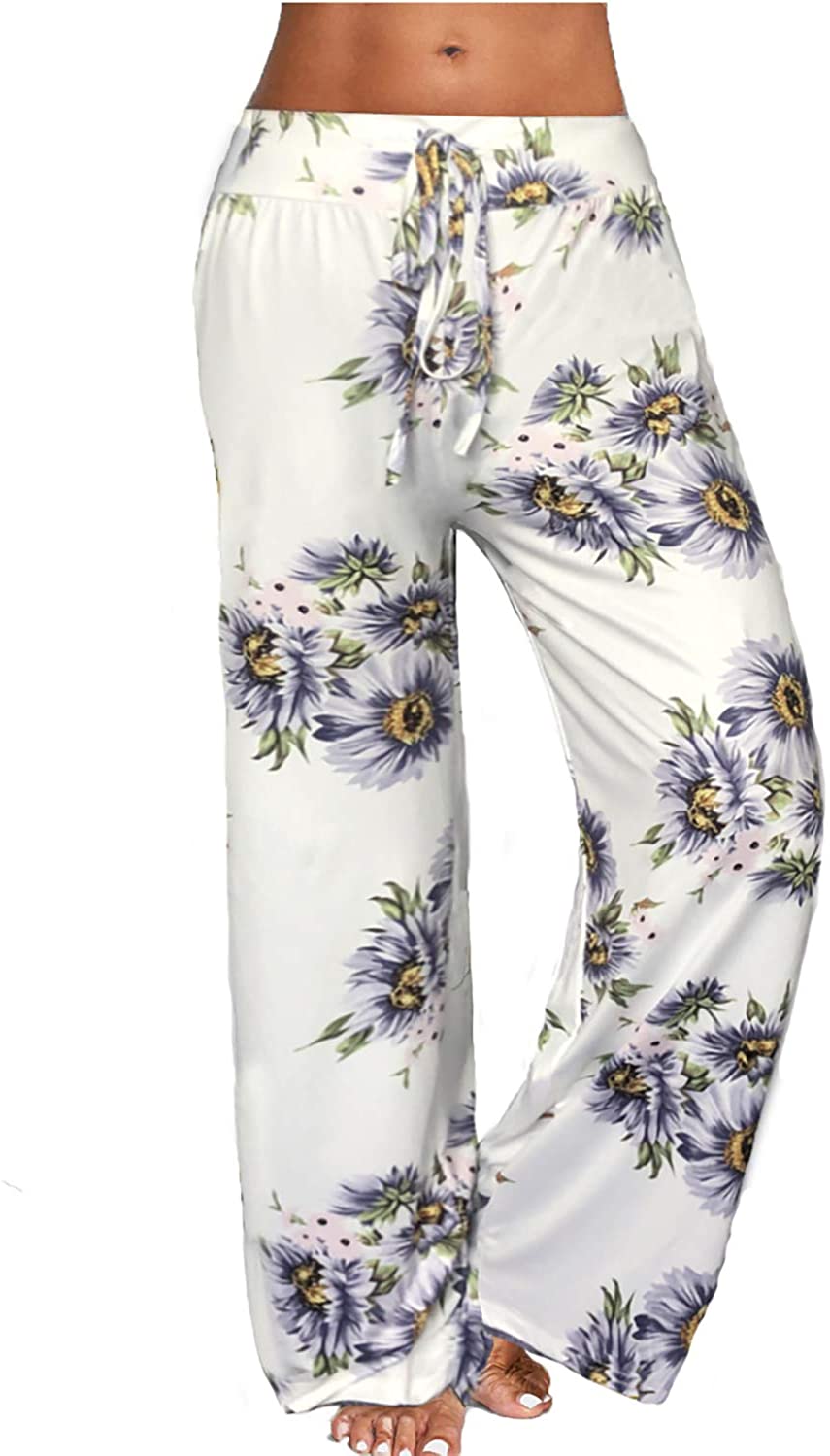 JINGCHENG Women's Comfy Stretch Floral Print High Waist Drawstring Palazzo Wide Leg Pants