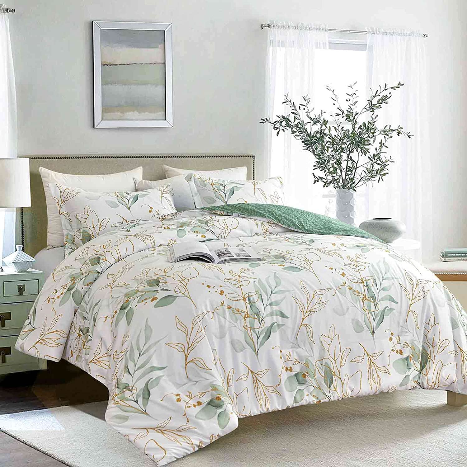 Nanko Queen Size Comforter Set, Green Gold Floral Leaf Flower Print Pattern  Down