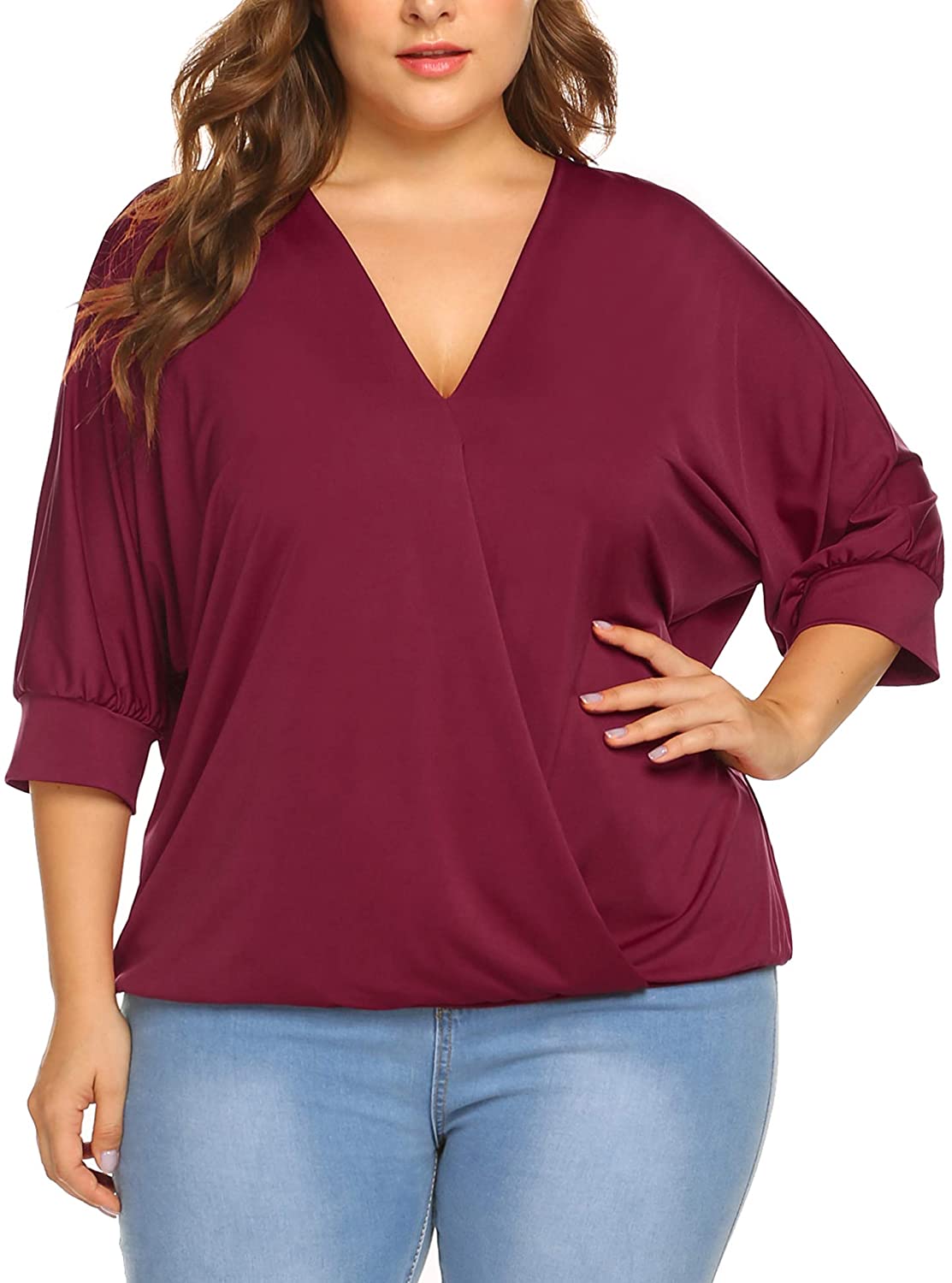 IN'VOLAND Womens Plus Size Tops V Neck Wrap Short Sleeve Shirts Casual Loose Dolman Top Tunic Blouses 