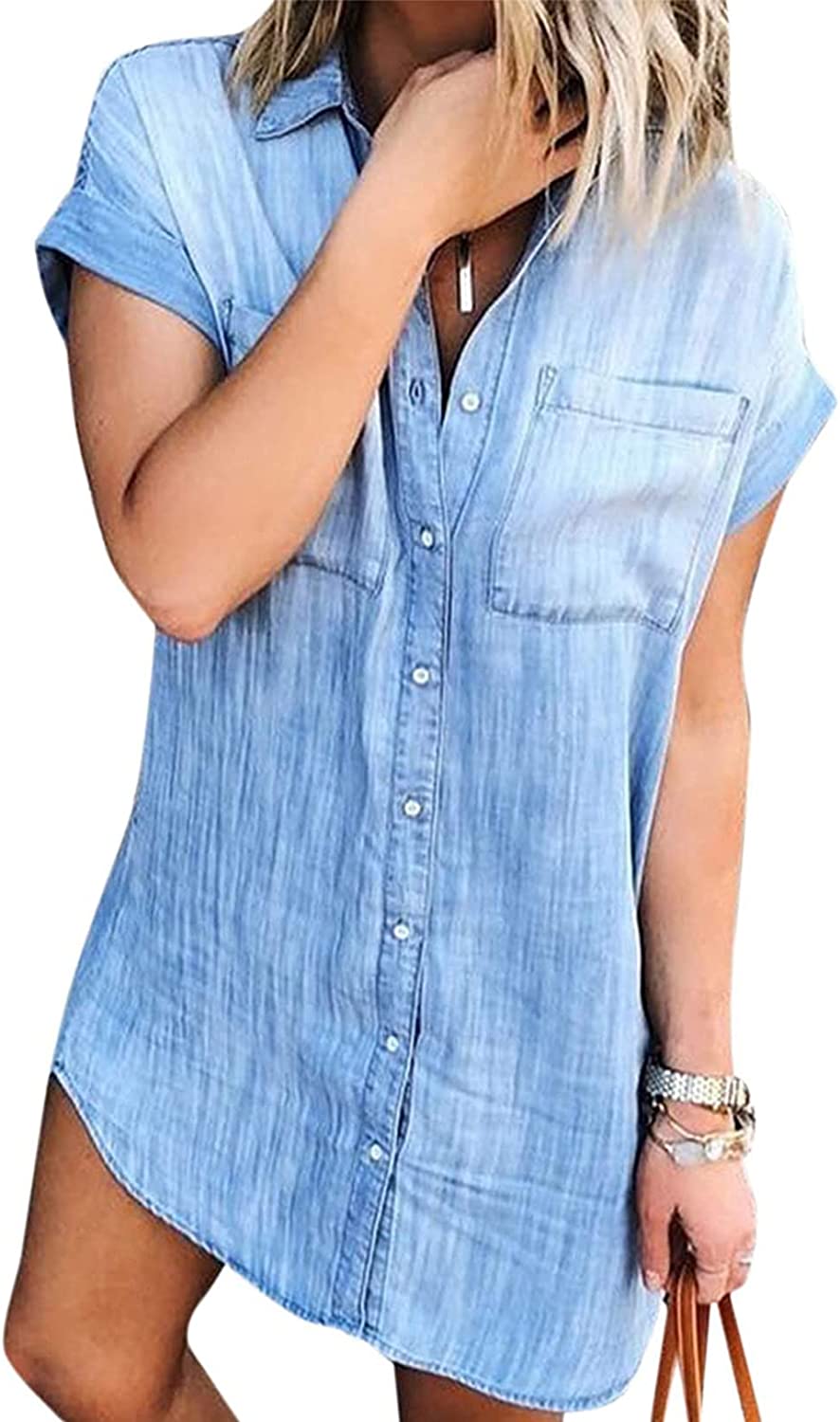 Pejock Women Denim Shirt Dresses 2024 Short Sleeve Distressed Jean Dress  Button Down Casual Tunic Top Loose Casual Sundress : : Clothing