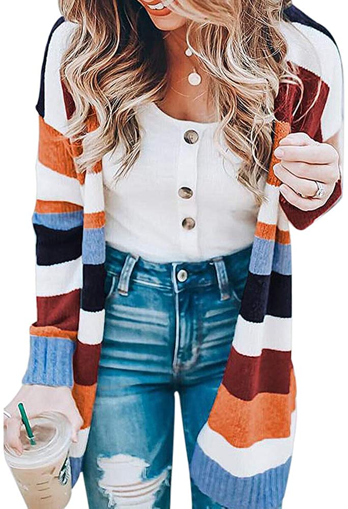 Cold t Color Block Striped Draped Kimono Cardigan with Pockets Open Knit Sweaters Coat 3/4 Floral Print Comfy Swing Women deep-v Bodysuit Point Round Oblique Hem Side Button up fits Blouses 
