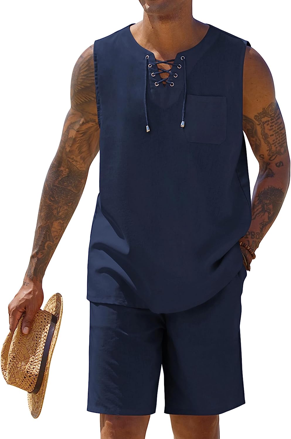 Mens Linen Sets Outfits 2 Piece Beach Drawstring Tank Tops