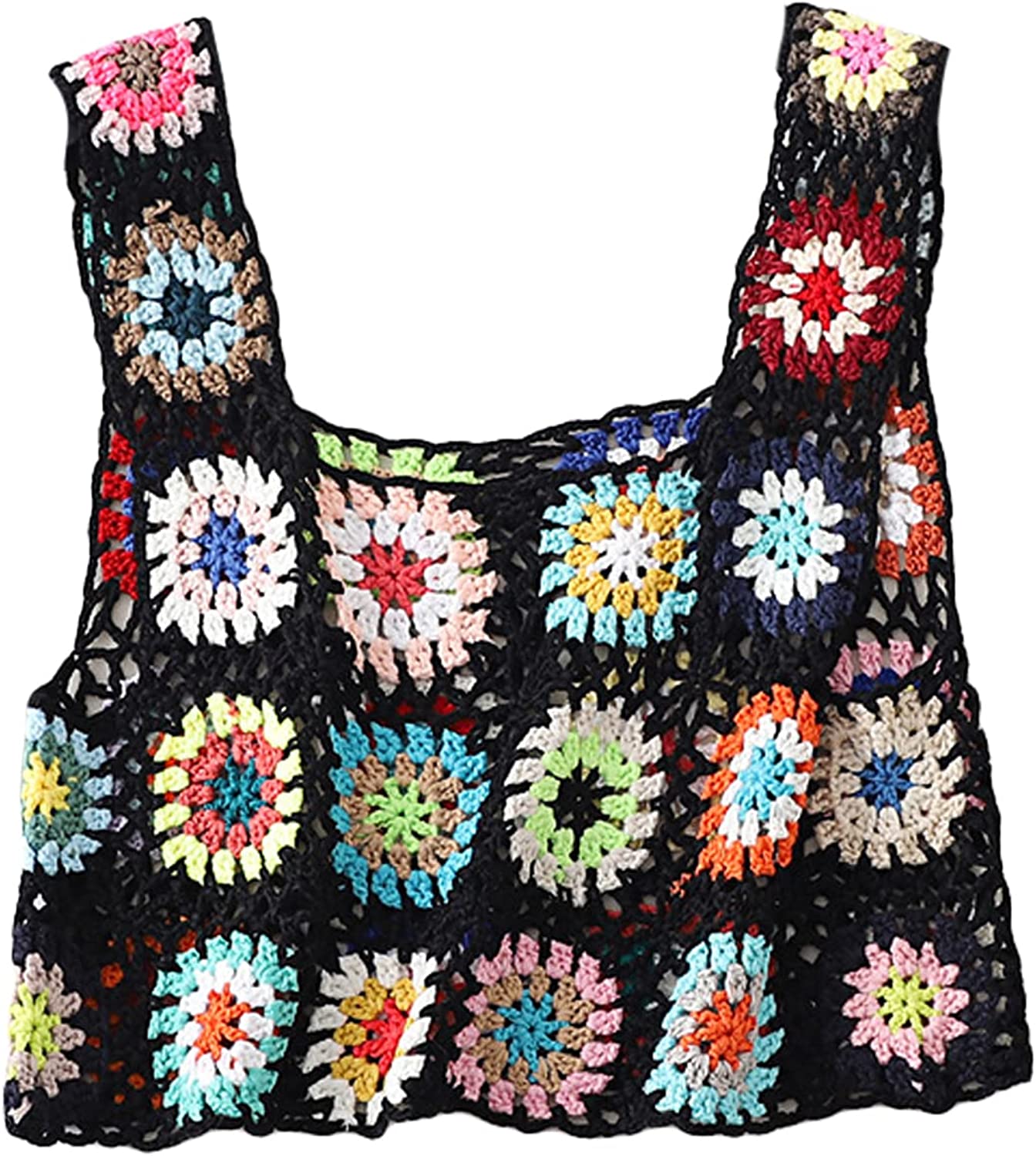 Women's Summer Crochet Tank Top Colorful Floral Embroidery Knit