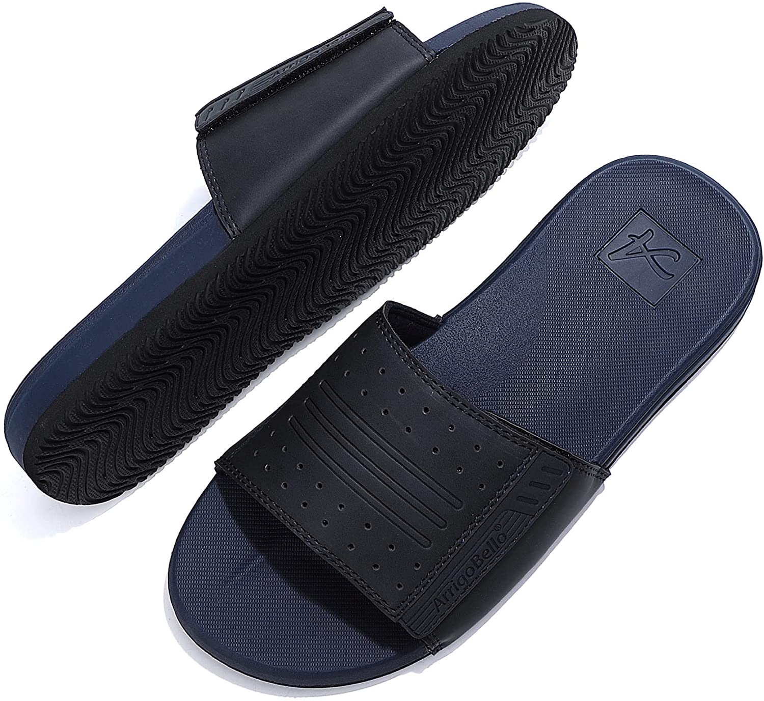 ARRIGO BELLO Sliders Mens Leather Flip Flops Non-Slip Summer sandals Hook&Loop/Latex Sole Soft Outdoor Classic Indoor Slippers Size 7-11UK 