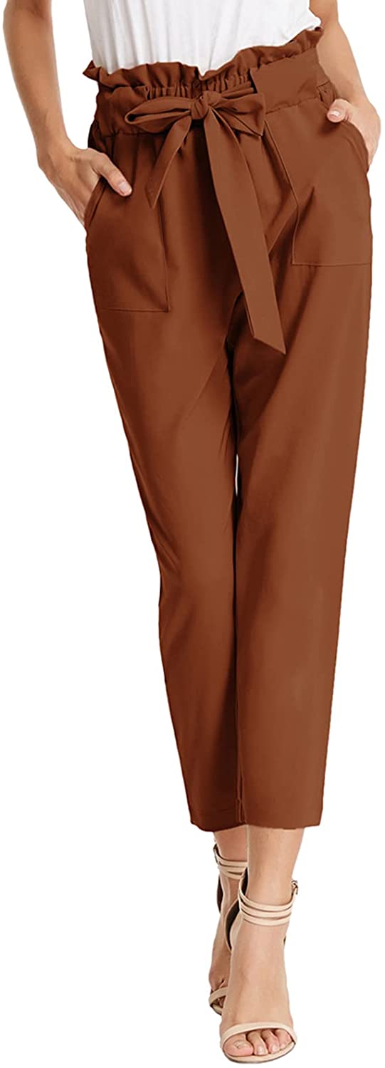 KANCY KOLE Women Tie Belt Paper Bag Waist Trouser Casual Solid