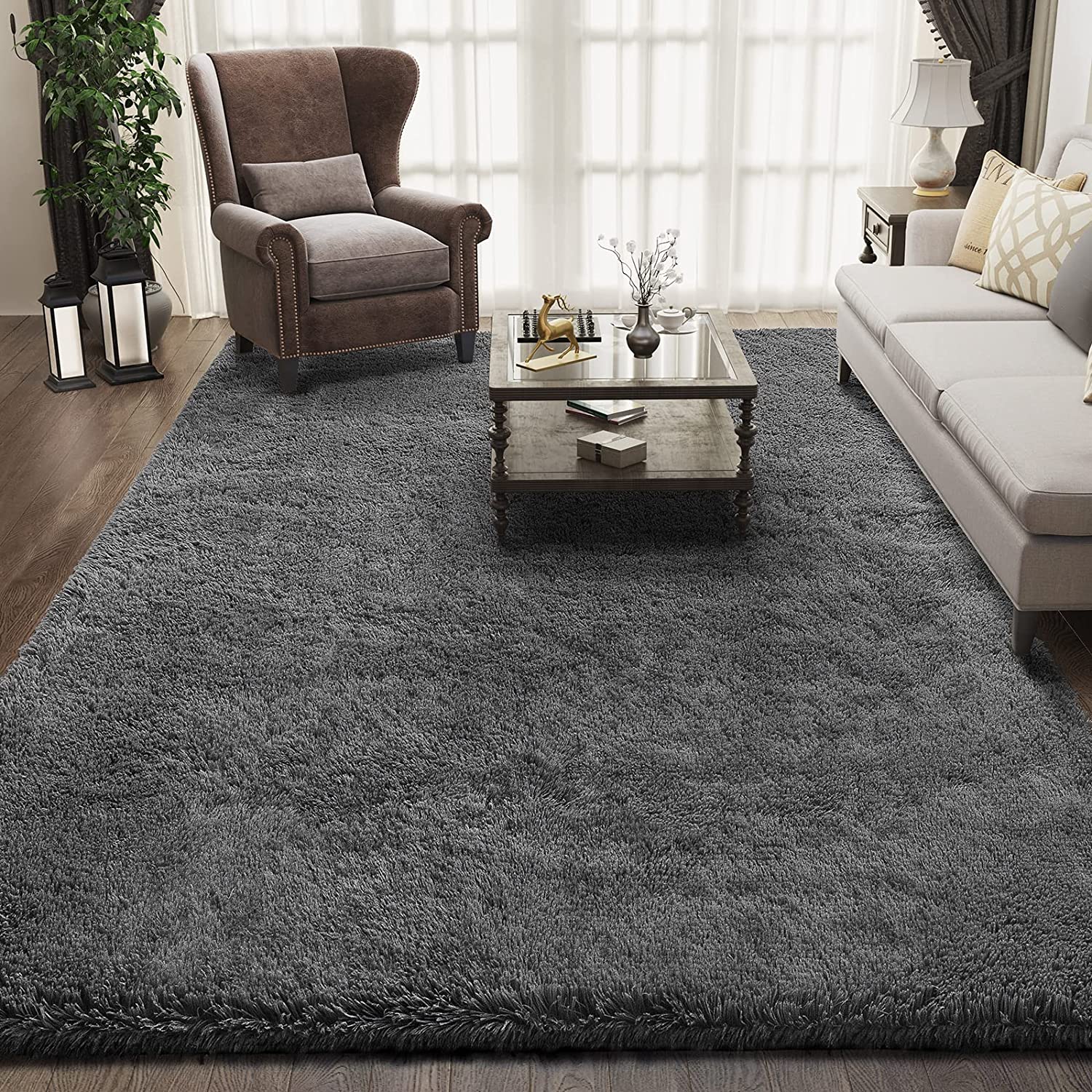 Fluffy Bedroom Rug Carpet,4X5.3 Feet,Shaggy Fuzzy Grey Rugs for