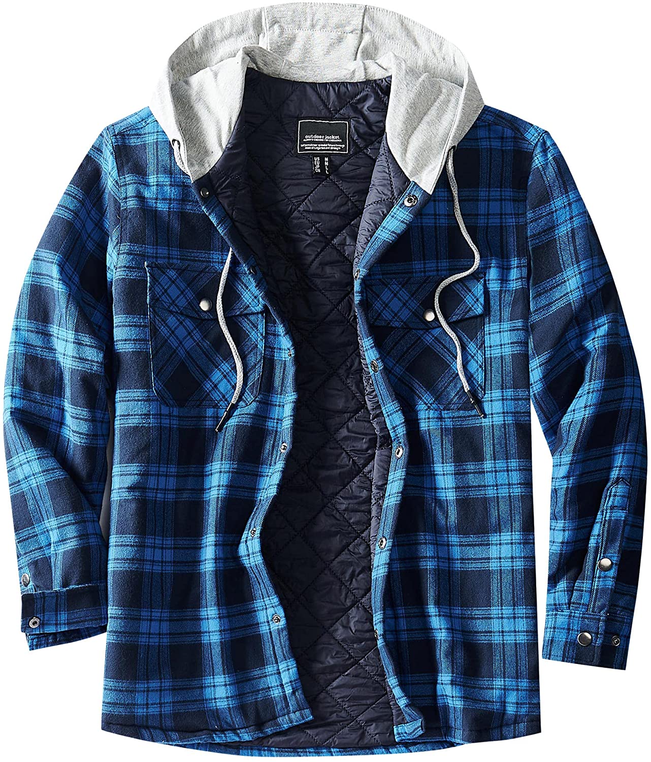 Men's Plaid Flannel Shirt Jacket Fully Quilted Lined Pocket Warm Zip-Up ...