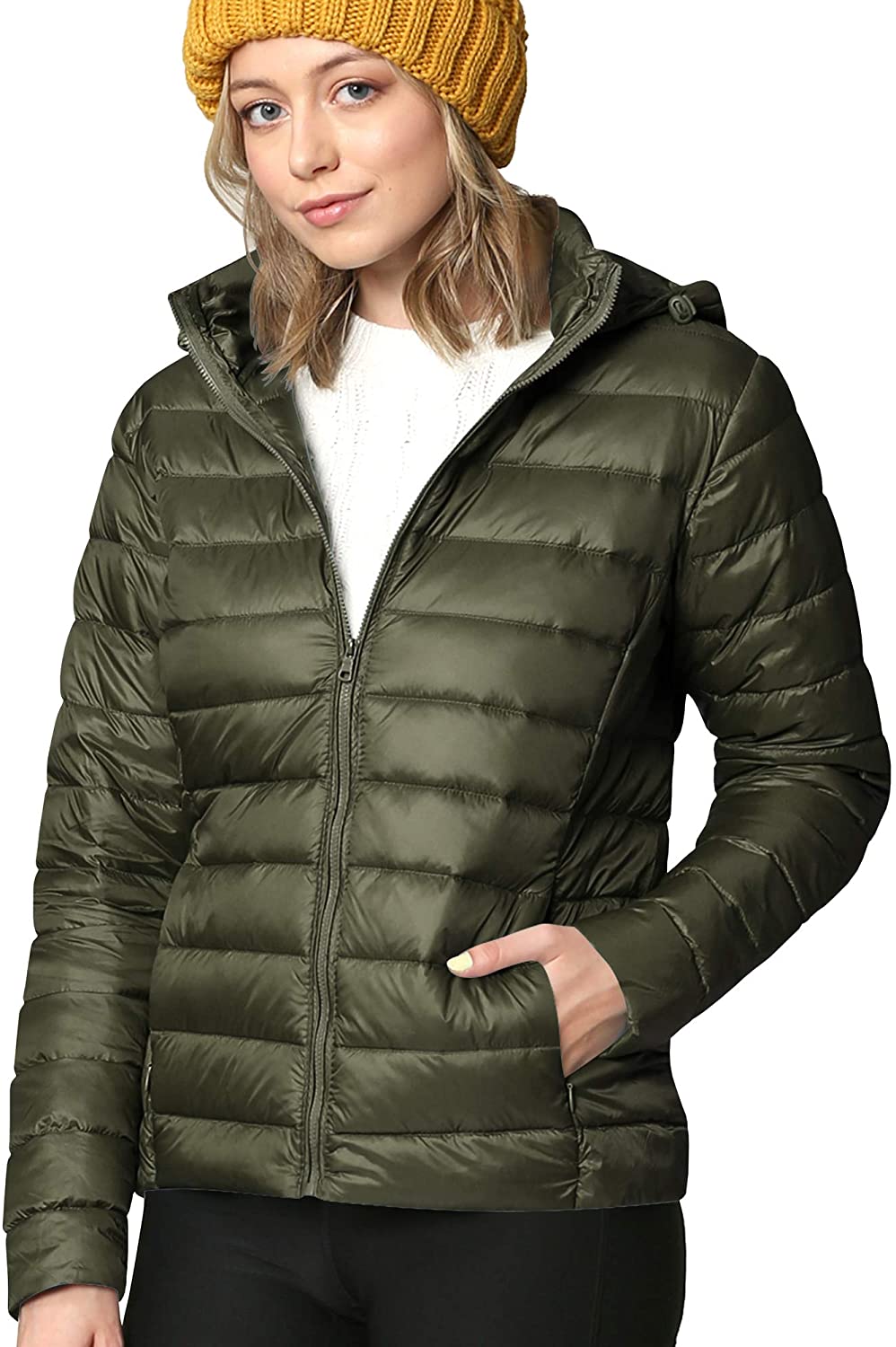 Made By Johnny Women's Ultra Light Weight Packable Down Jacket with  Removable Ho