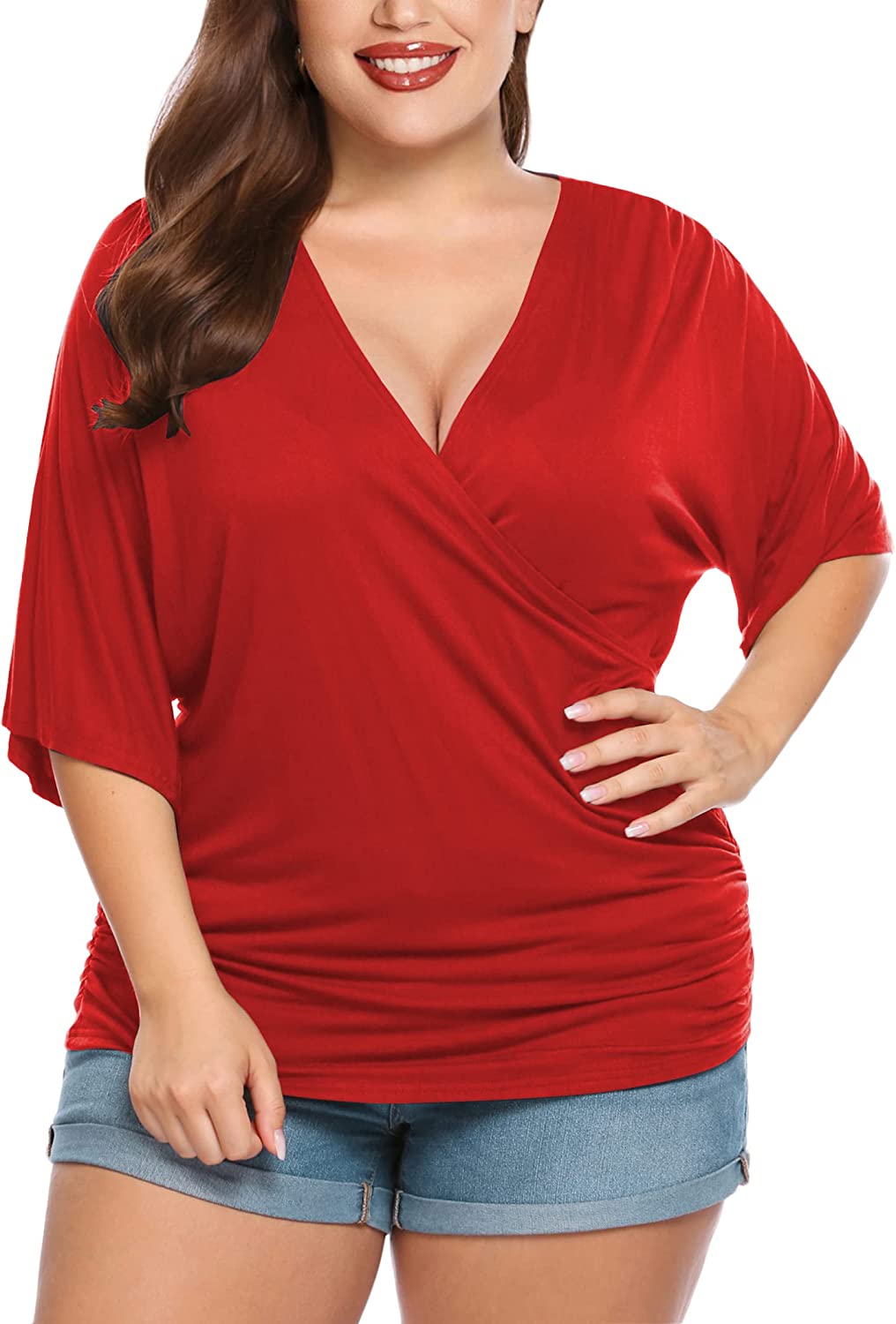 IN'VOLAND Plus Size V Neck Long Sleeve Tops Womens Sexy Wrap