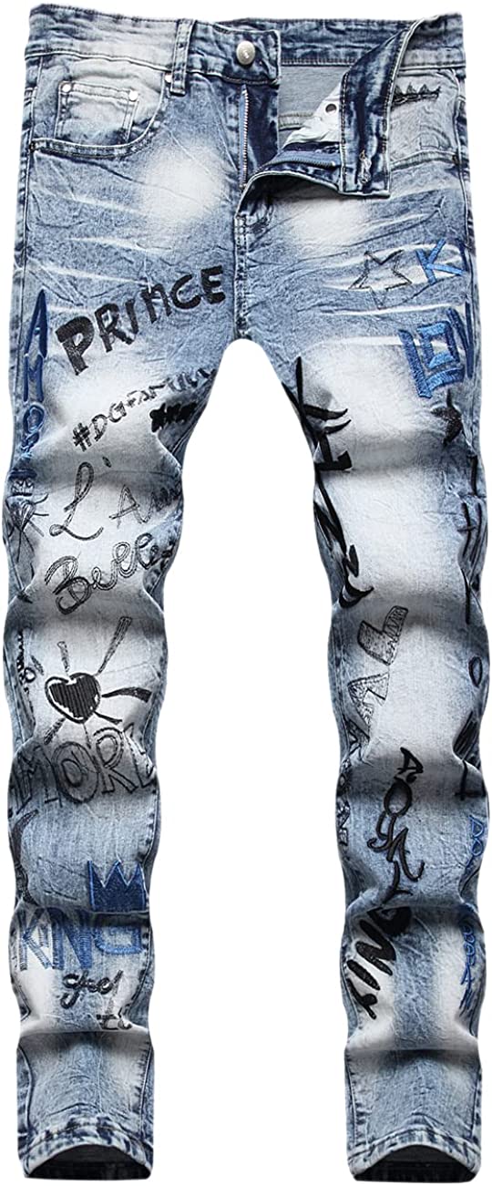 JOCAI Men's Skinny Jeans Casual Slim-fit Straight Printed Denim Pants 