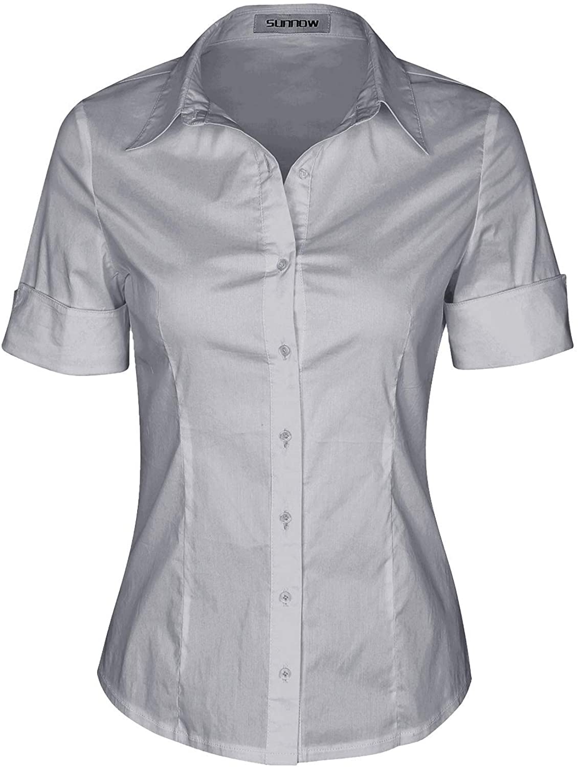 SUNNOW Womens Tailored Short Sleeve Basic Simple Button-Down Shirt with Stretch 