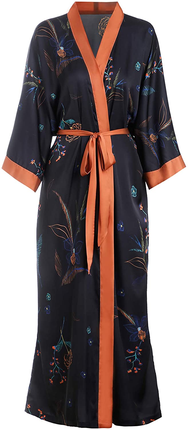 Aensso long silky kimono robes for women lightweight & soft floral bridal robe 
