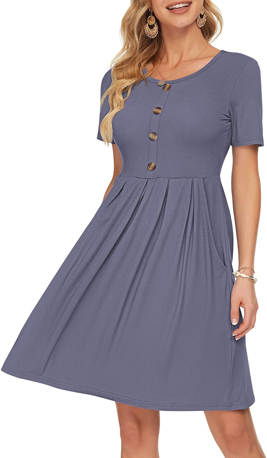AUSELILY Womens Sleeveless Pleated Loose Swing Casual Dress with Pockets Knee Length 
