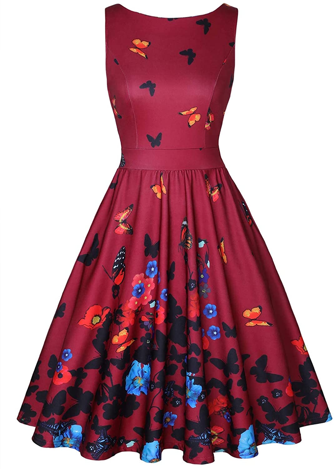 MISSJOY Womens Vintage 1950s Sleeveless Floral Rockabilly Garden Party Dress 