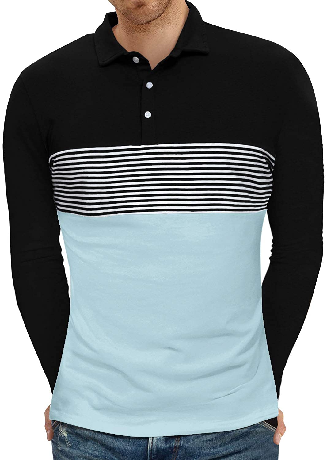 YTD Men's Short Sleeve Polo Shirts Casual Slim Fit Contrast Color Stitching Stripe Cotton Shirts 