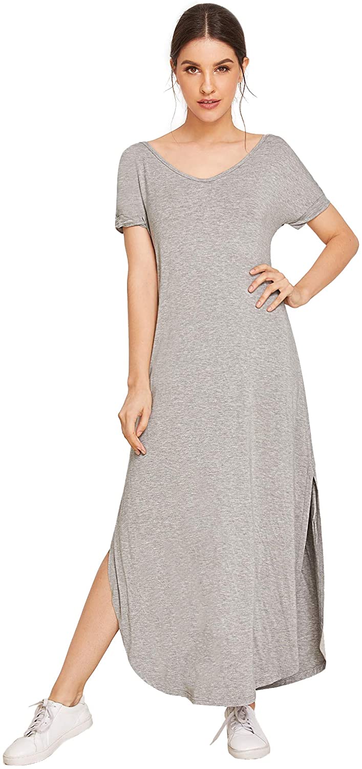 MakeMeChic Women's Casual Loose Pocket Long Dress Short Sleeve Split ...