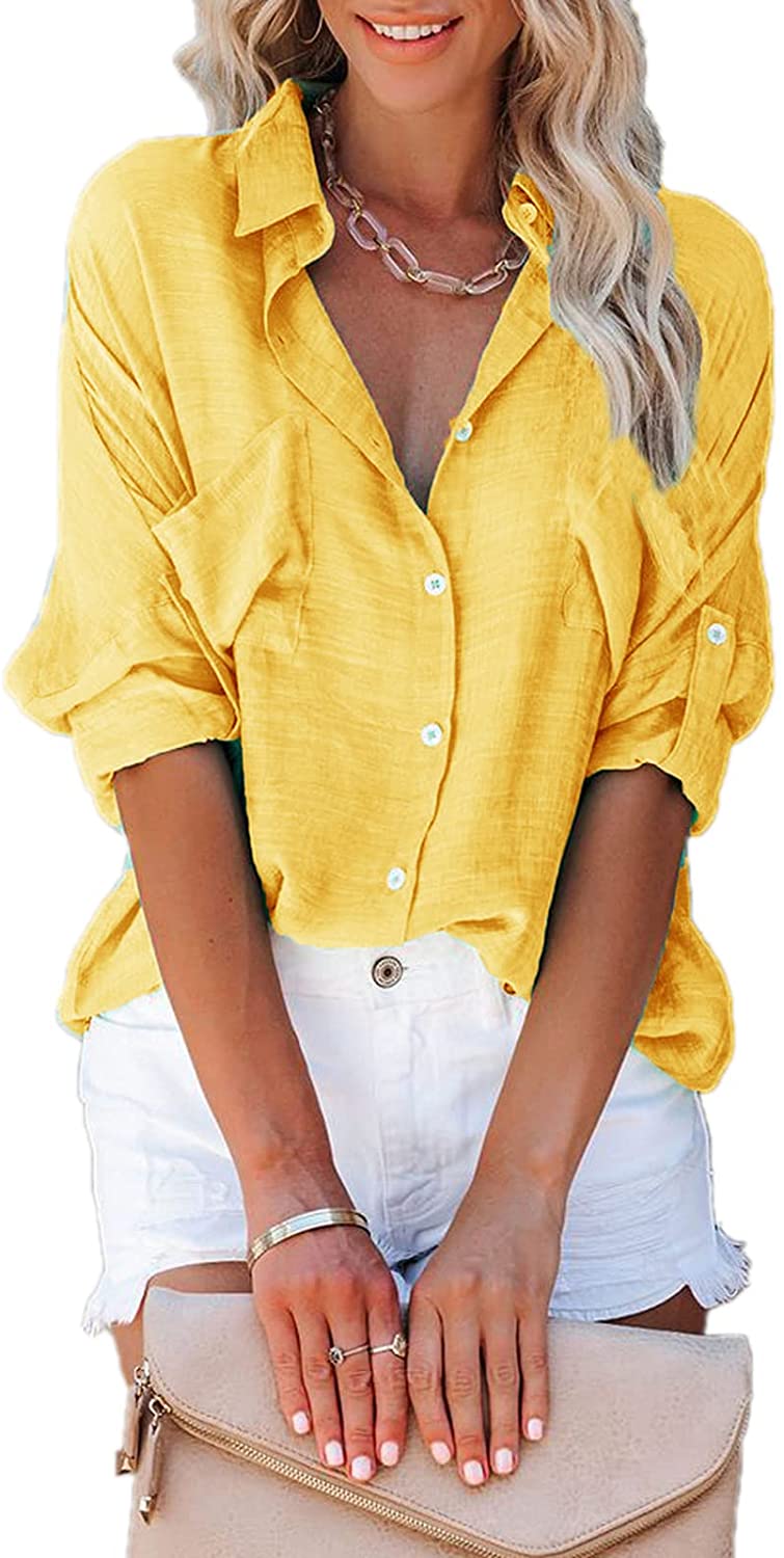 Paintcolors Women's Button Up Shirts Cotton Roll-Up Sleeve Blouses