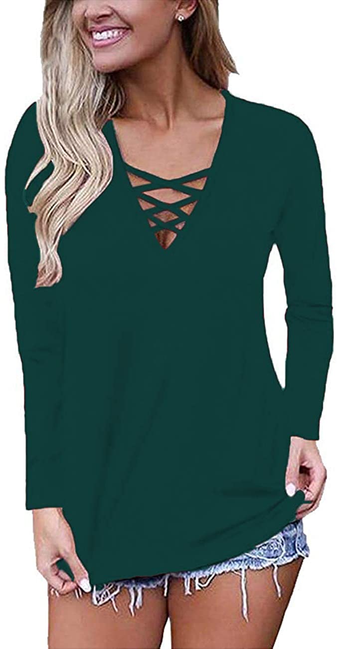 WNEEDU Womens Loose Long Sleeve V Neck Button Down T Shirts Solid