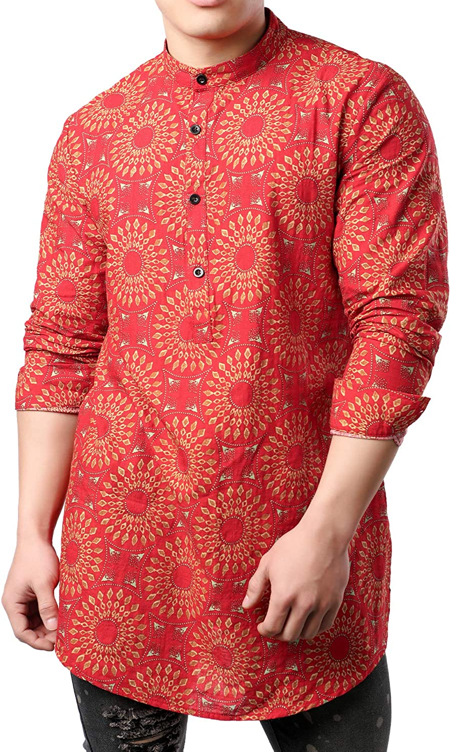 JOGAL Men's African Dashiki Print Long Sleeve Casual Button Down Mandarin Collar Shirts