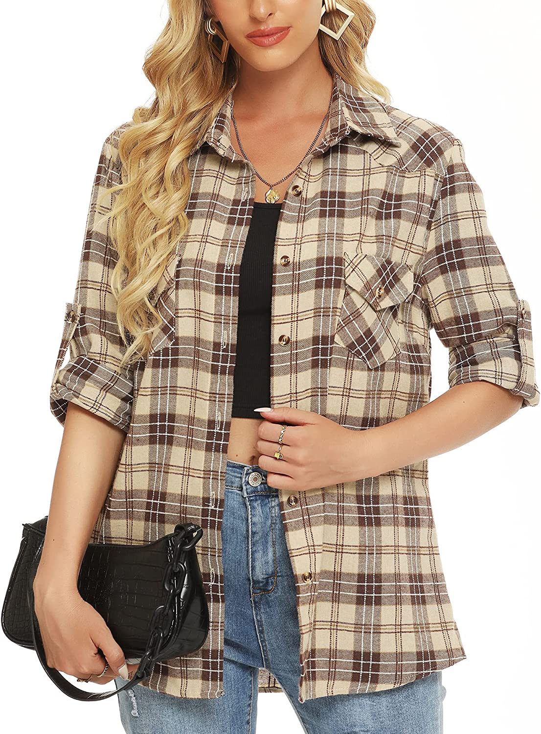Genhoo Womens Flannel Shirts Roll Up Long Sleeve Plaid Shirt Collared Button  Dow