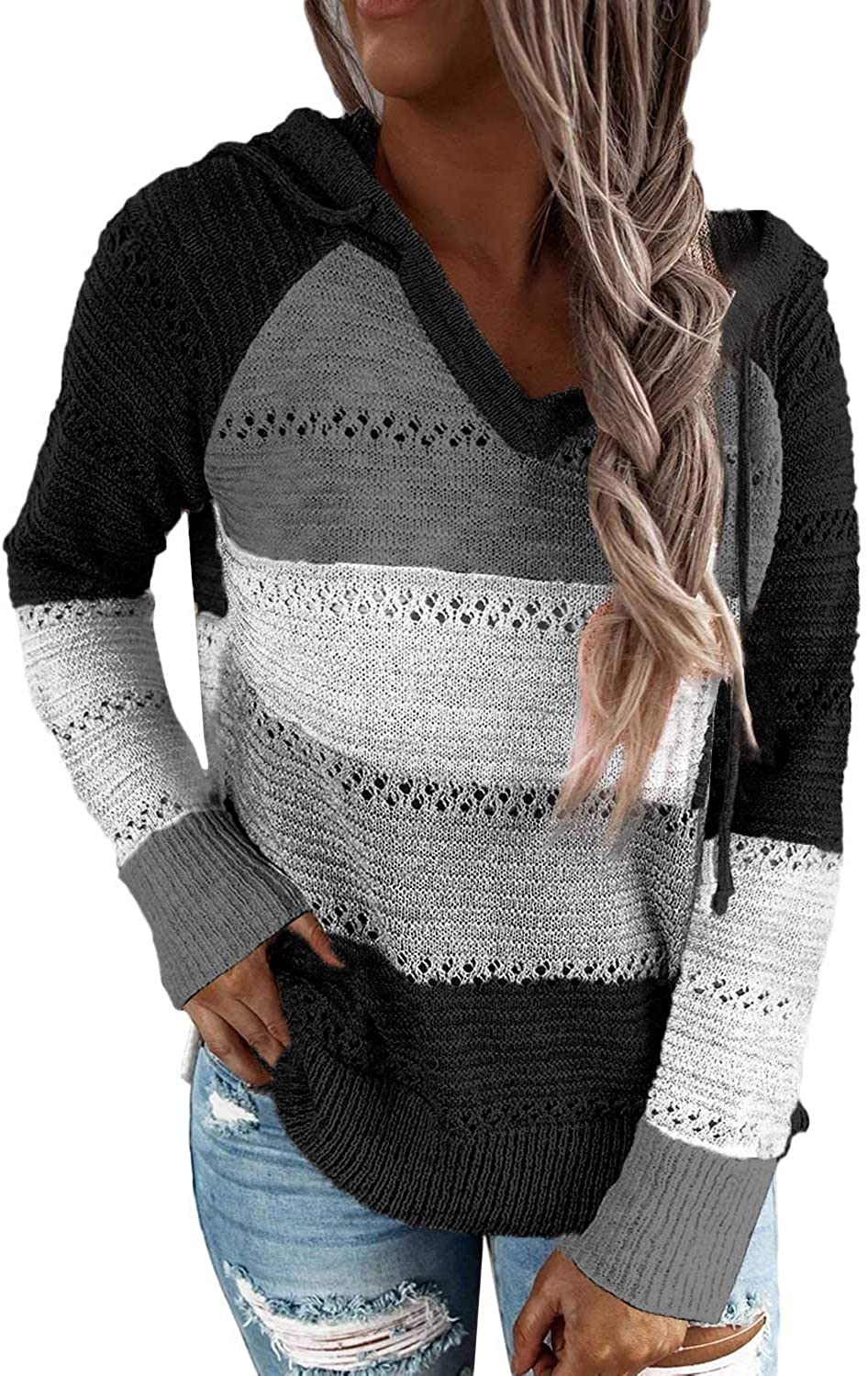 NEYOUQE Womens Color Block Striped Hoodies Pullover/Cardigan Sweatshirts Tops 