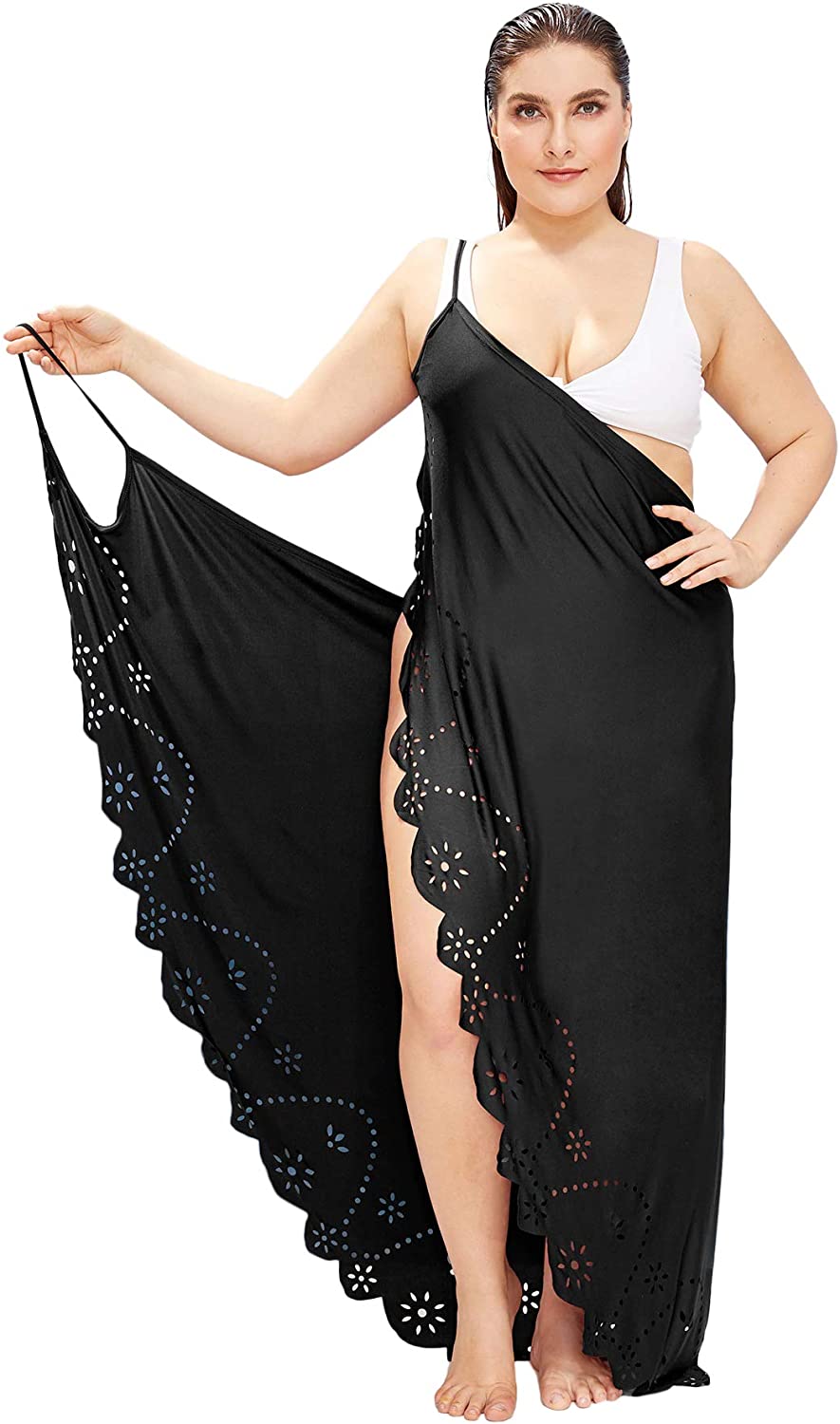 Milumia Womens Plus Size Lace Floral Spaghetti Strap Wrap Cover Up ...