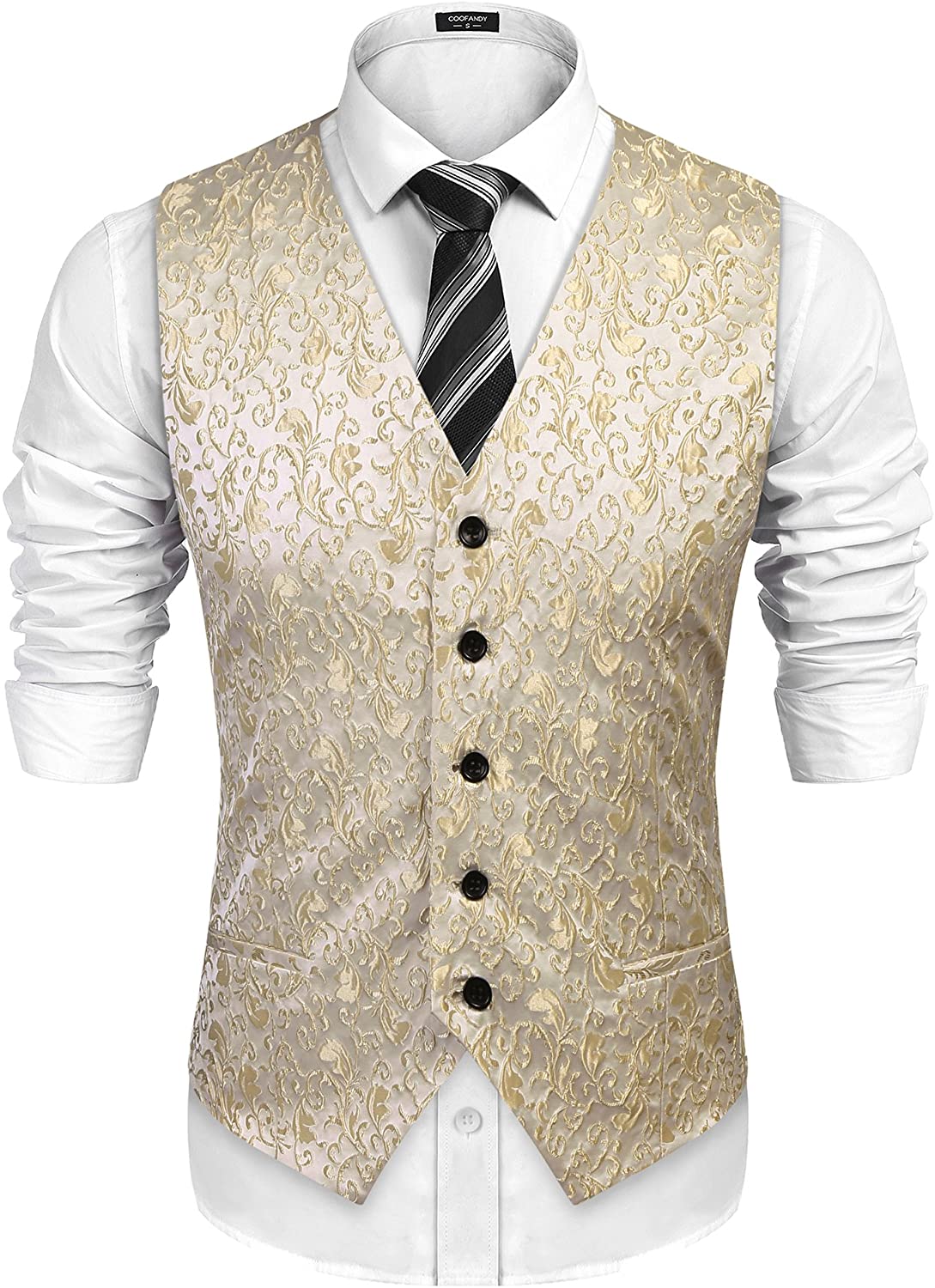 COOFANDY Mens Paisley Suit Vest Floral Jacquard Satin Classic Tuxedo Waistcoat & Tie & Square 3pcs Set Suit Vests