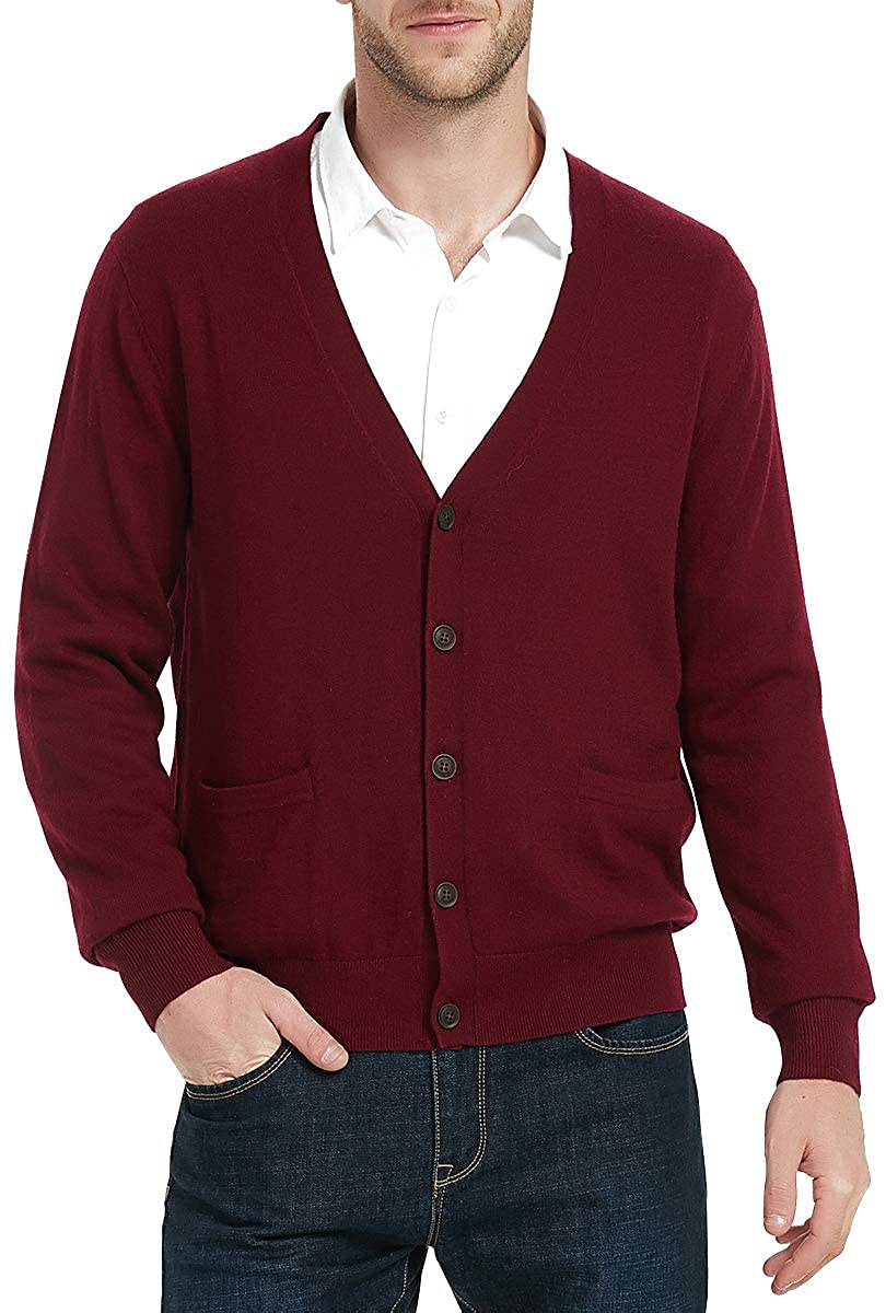 Kallspin Men’s Cardigan Sweater Cashmere Wool Blend V Neck Buttons Cardigan with Pockets 