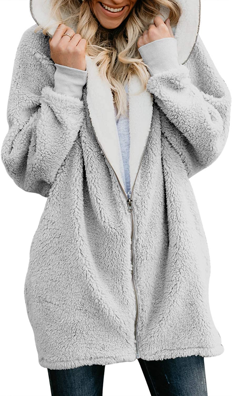 Download ReachMe Women's Oversized Full Zip Up Sherpa Hoodie Fleece ...