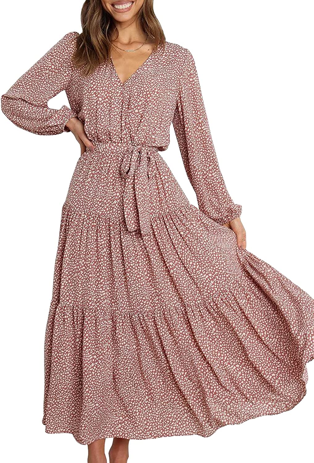 PRETTYGARDEN Long Sleeve Maxi Dress for Women - V Neck