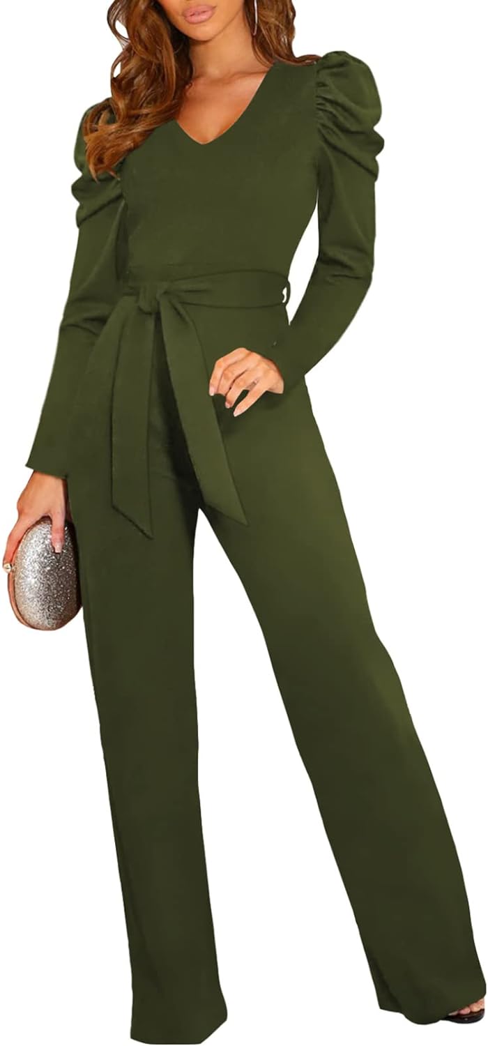 Women Short Sleeve Business Jumpsuits Elegant Wrap V Neck One-Piece Long  Pants Romper Slim Fit High Waist Belted Rompers : : Clothing,  Shoes