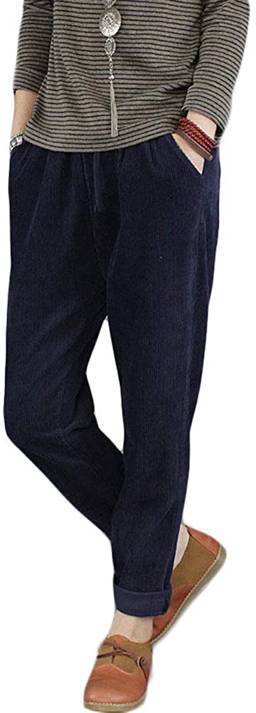 FTCayanz Women's Corduroy Cotton Trousers Elastic Waist Casual Pants Trousers