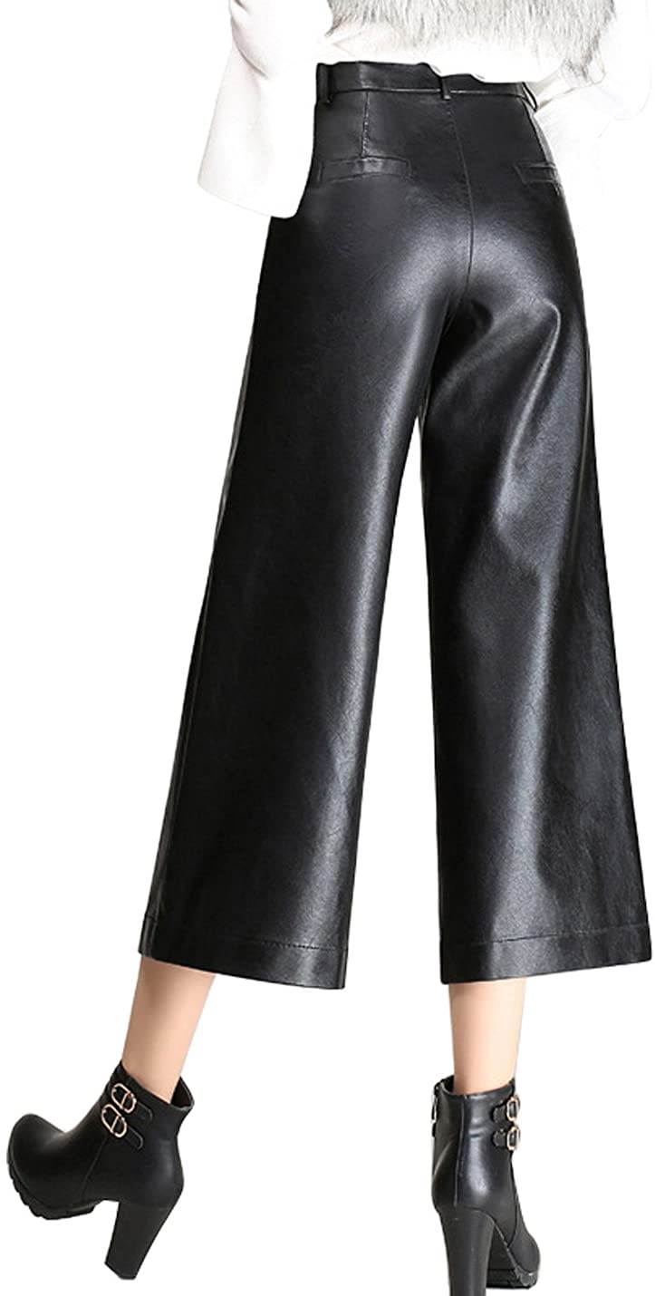 Tanming Women's High Waist Faux Leather Cropped Wide Leg Pants | eBay
