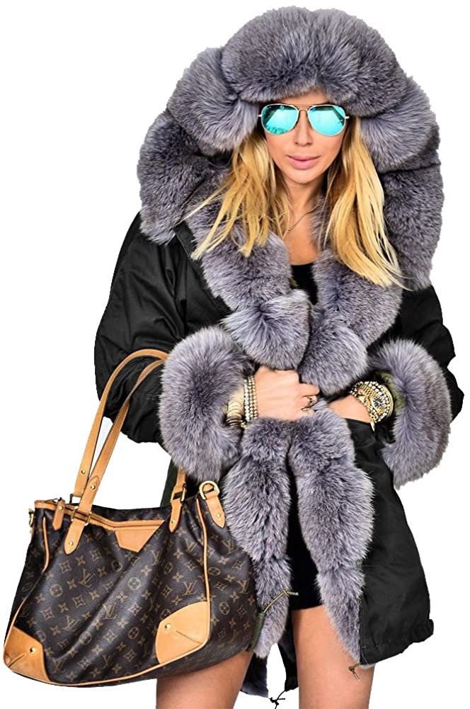Roiii Women's Warm Winter Coat Hood Parka Overcoat Faux Fur Parka Jacket Outwear 