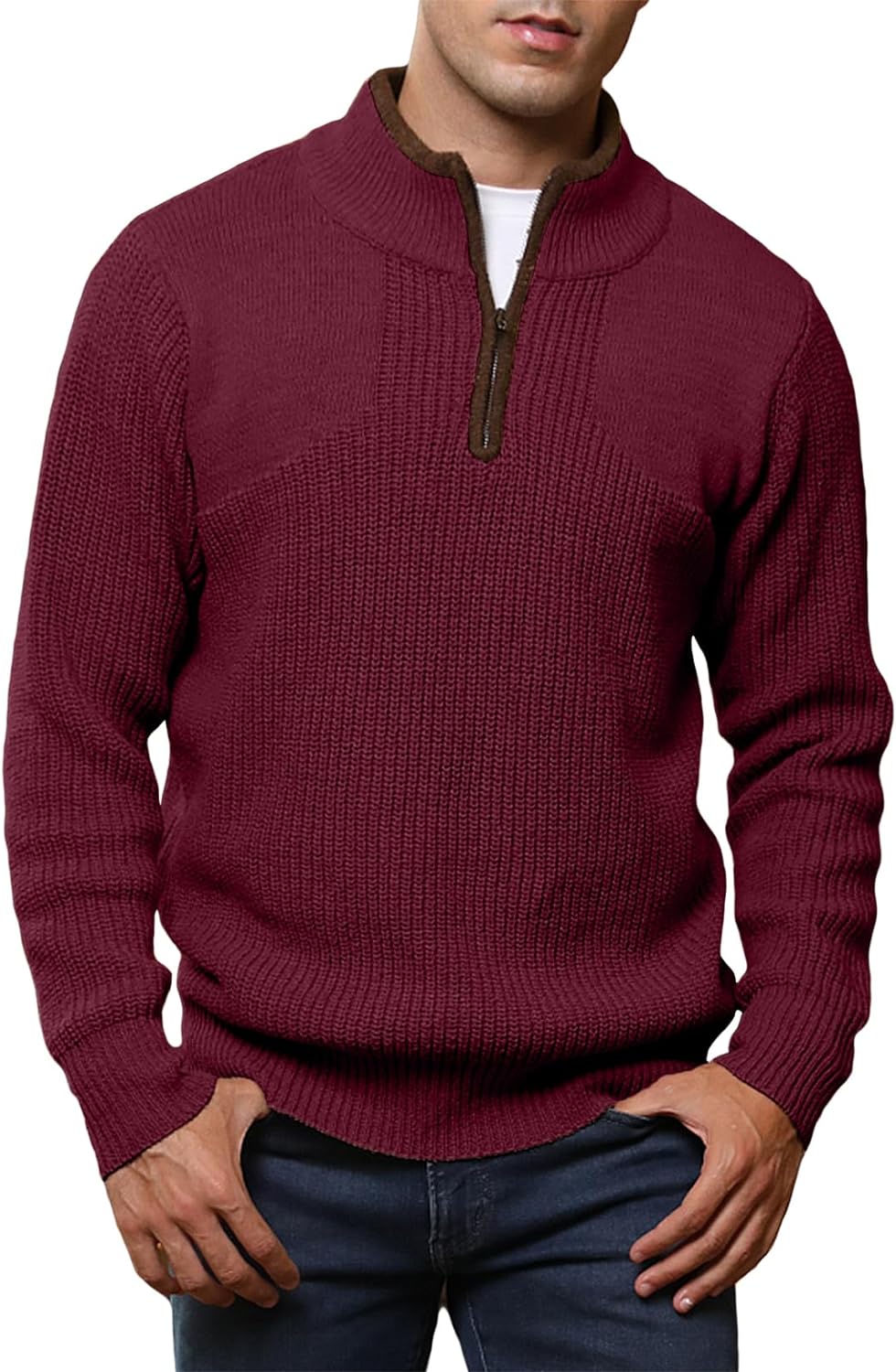 JMIERR Mens Quarter Zip Sweater Lightweight Mock Neck Casual Long Sleeve  Knitted