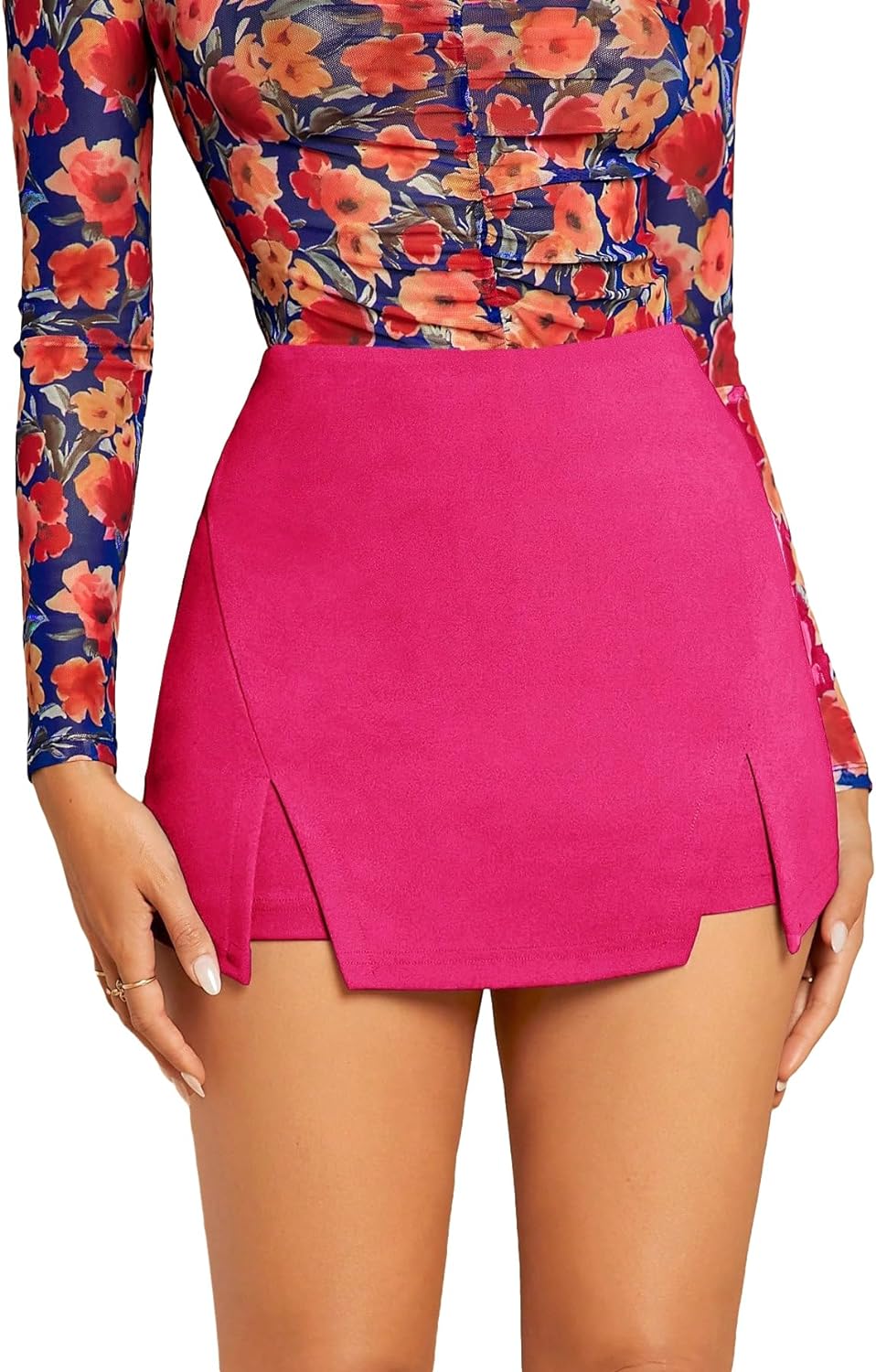 WDIRARA Women's High Waist Split Hem Skort Zip Back Plain Skirt