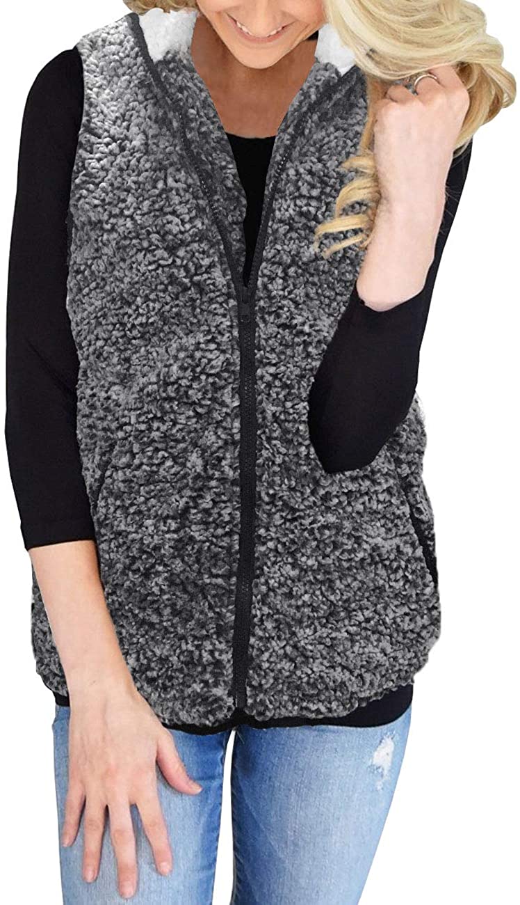 MEROKEETY Womens Casual Sherpa Fleece Lightweight Fall Warm Zipper Vest with Pockets