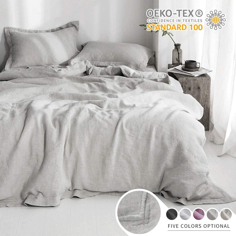 Simple&Opulence 100% Stone Washed Linen Embroidered Thread 3 pcs Duvet Cover Set 
