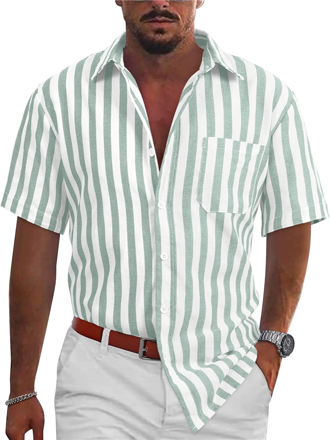  Men's Casual Short Sleeve Button Down Striped Shirt