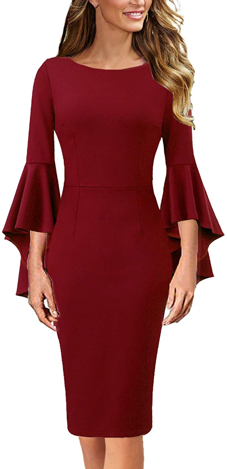 VFSHOW Womens Ruffle Bell Sleeves Business Cocktail Party Bodycon Sheath  Dress | eBay