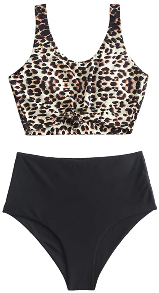 ZAFUL Women's Knotted Front Tankini Set High Waisted Bikini Scoop Neck  Swimsuit | eBay