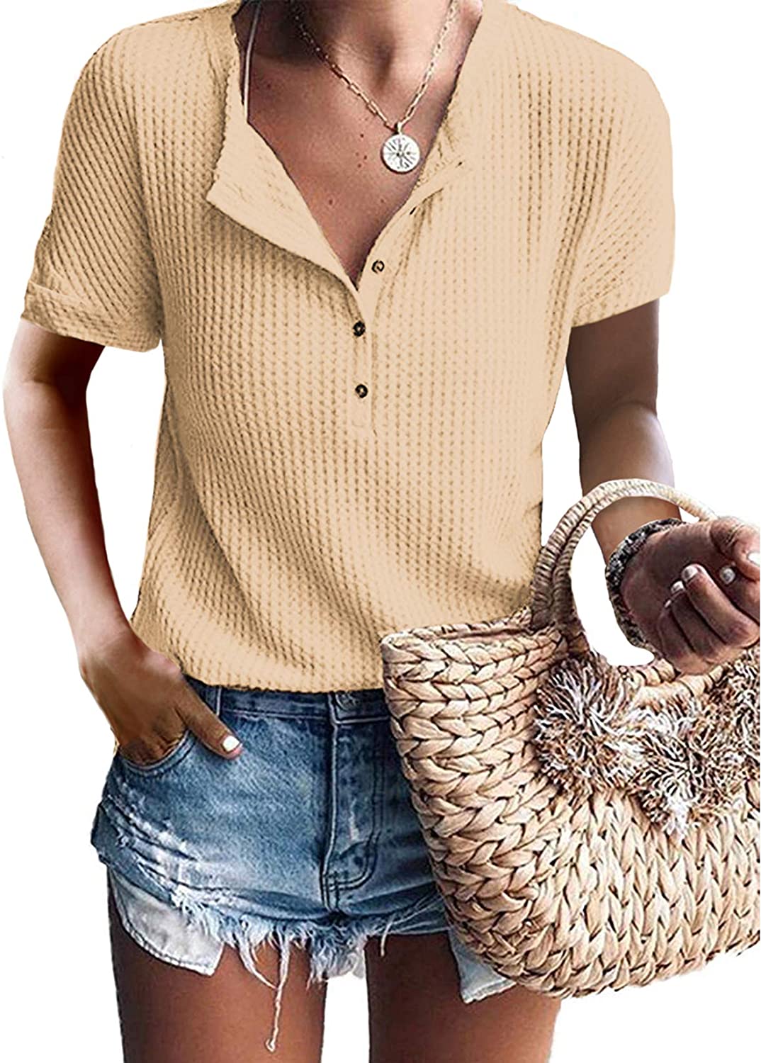 Tank Tops for Women,Waffle Knit Tunic Tops Loose Sleeveless Button Up V Neck Henley Shirts 